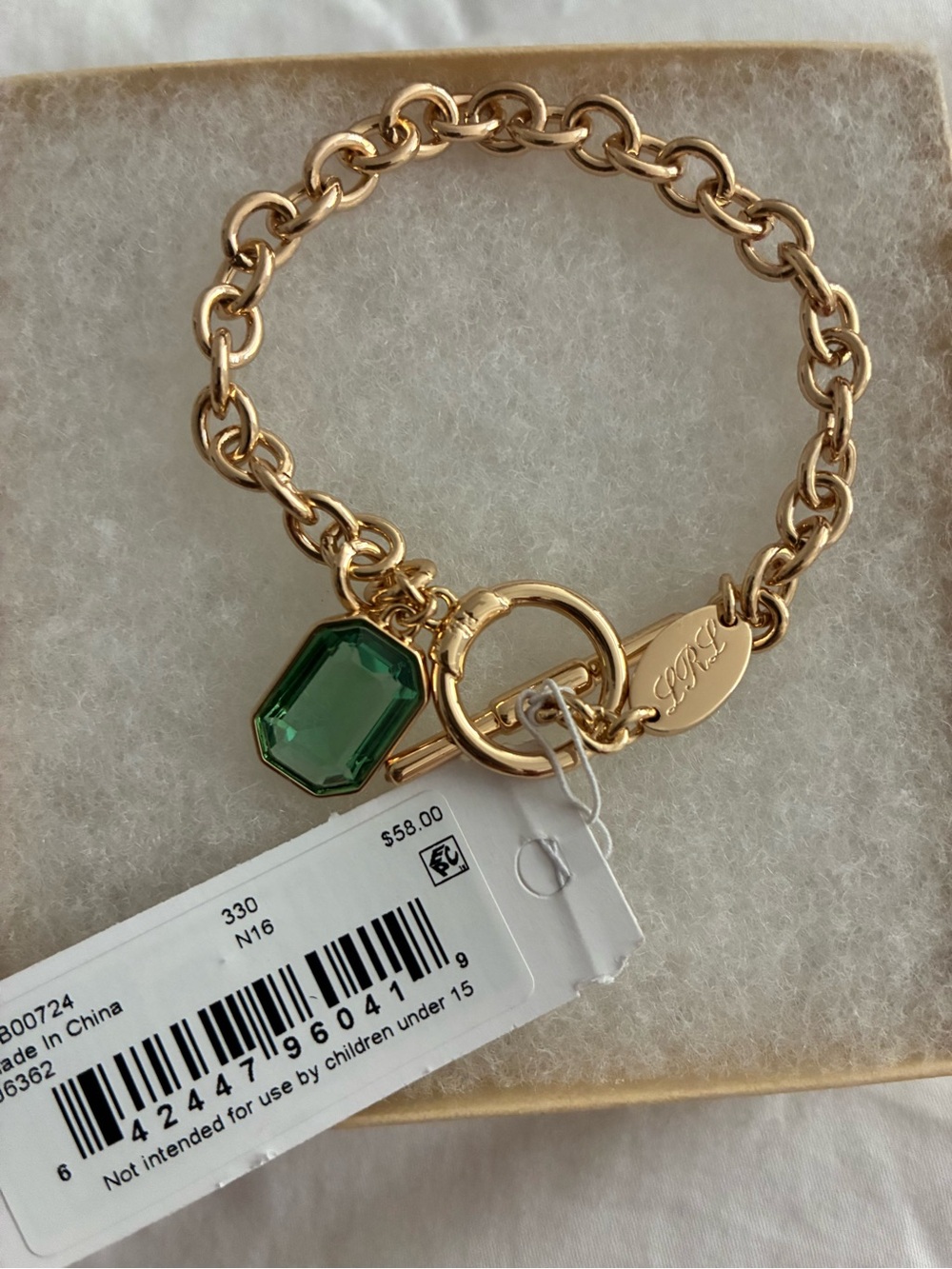 Ralph Lauren Lauren Gold Chain Bracelet with Emerald Green Crystal Charm - Picture 8 of 8